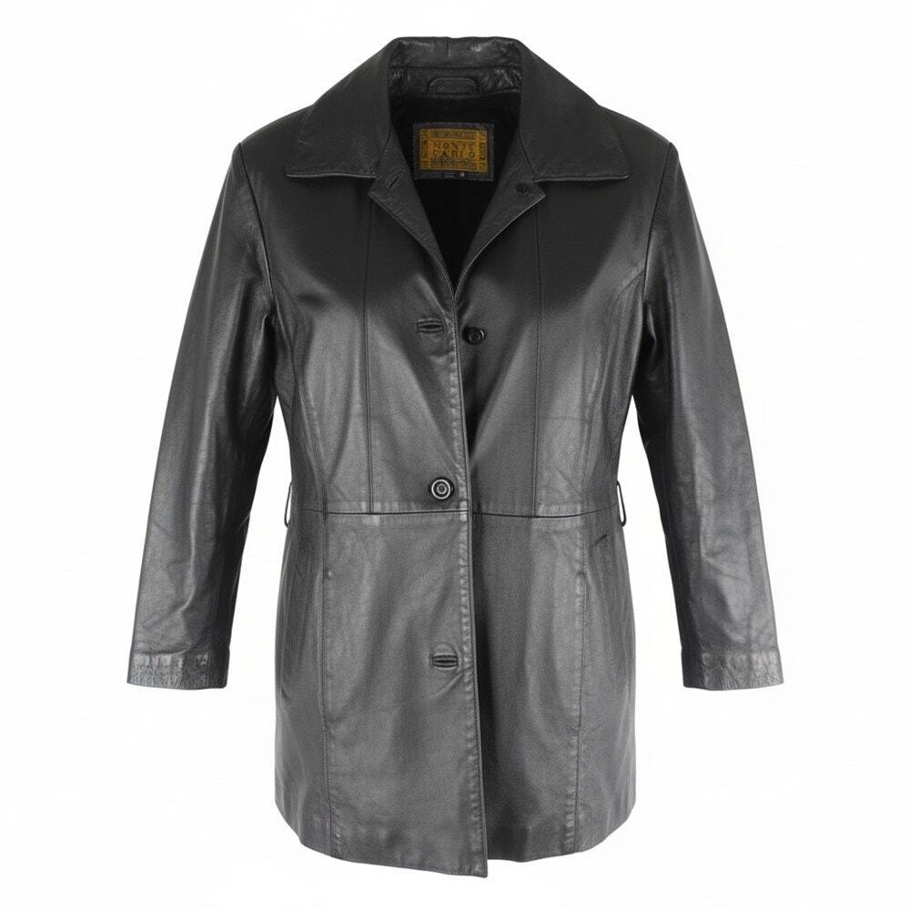 Vintage Monte Carlo Genuine Black Leather Mid Length Coat Jacket Women's Medium